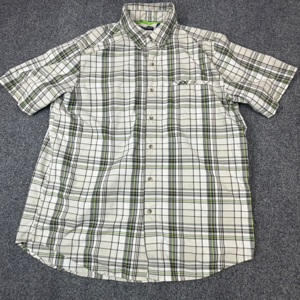 VTG Chaps Mens Size Large Short Sleeve Plaid Button Down Shirt Green Grey White